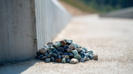 A captivating image showcasing a pile of colorful gravel stones nestled against a concrete wall under bright sunlight. Ideal for construction or landscaping projects.の素材