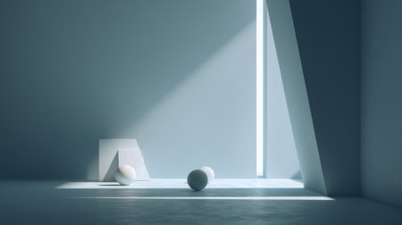 A serene minimalist interior featuring geometric shapes illuminated by soft light beams. The tranquil color palette creates a peaceful and artistic ambiance.の素材