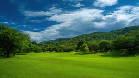 A stunning golf course showcases a vibrant green landscape under a bright blue sky adorned with fluffy white clouds, perfect for outdoor enthusiasts and nature lovers.の素材