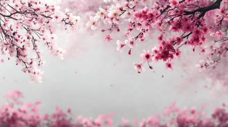 A stunning display of cherry blossoms in soft pink hues, elegantly framing a gentle gray backdrop, capturing the essence of spring's renewal and natural beauty.の素材