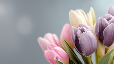 A stunning arrangement of colorful tulips showcases soft hues of pink, white, and purple. This serene composition captures the essence of spring and nature's beauty.の素材