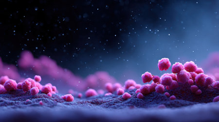 An imaginative and colorful depiction of microscopic life forms, showcasing a textured surface in shades of pink and blue, which invites exploration and curiosity.の素材