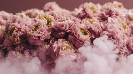 This beautiful image showcases soft pink flowers enveloped in delicate white smoke, creating a romantic and dreamy atmosphere perfect for artistic projects and inspiration.の素材