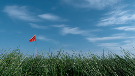 A vibrant red flag stands tall amongst lush green grass, set against a clear blue sky with gentle clouds, creating a tranquil and serene outdoor atmosphere.の素材