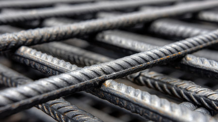 Detailed close-up of twisted steel rebar bars arranged in a crisscross pattern, showcasing the texture and strength essential for construction and concrete structures.の素材