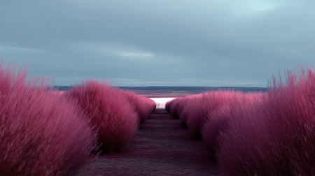 A stunning landscape features a pathway framed by vibrant pink grasses under a dramatic sky. The scene evokes tranquility and creates a serene atmosphere in nature.の素材