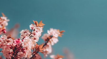 A beautiful close-up of a cherry blossom branch showcasing delicate flowers against a soft blue background, evoking a sense of tranquility and freshness in spring.の素材