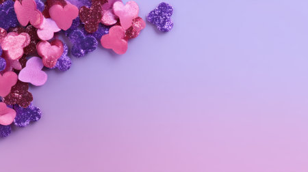 This image features an array of colorful heart-shaped confetti in shades of pink and purple set against a soft gradient background, perfect for romantic themes and festive events.の素材