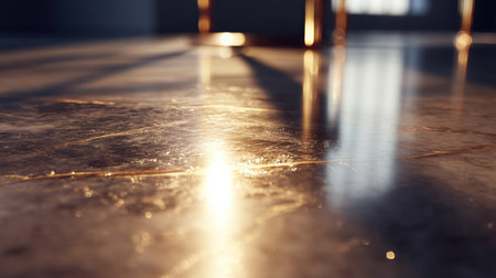 A beautifully reflective surface captures warm light to create striking shadows, adding elegance and modern charm to any interior space, perfect for design inspiration.の素材