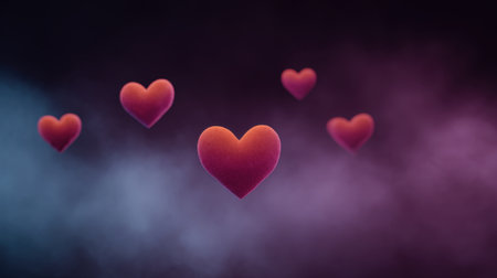 This artwork features colorful floating hearts amidst a foggy neon background, evoking feelings of love and romance ideal for various creative projects.の素材