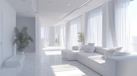 A bright and spacious modern living room featuring large windows, elegant white furniture, and a minimalist design that creates a serene and inviting atmosphere.の素材