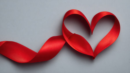 This image showcases a red satin ribbon intricately shaped into a heart on a gray background, perfect for conveying love and creativity in various projects.の素材
