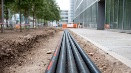 A close view of a construction site showcasing dug ground with neatly arranged black pipes ready for installation in a bustling urban environment.の素材