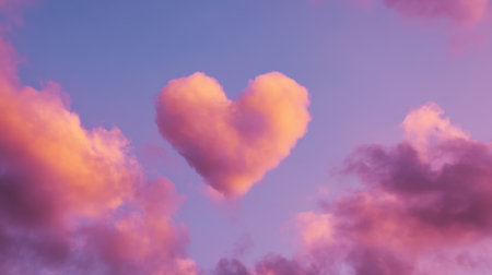 A heart-shaped cloud floats in a soft pink and purple sky at sunset, surrounded by fluffy clouds. This enchanting scene evokes feelings of love and tranquility.の素材