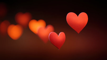 A stunning display of floating red hearts on a warm background, perfect for conveying feelings of love and affection in various creative and promotional projects.の素材