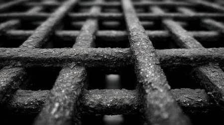 A striking close-up of a textured metal grate showcasing intricate grid patterns. This image is perfect for creative projects needing industrial, abstract, or monochrome elements.の素材