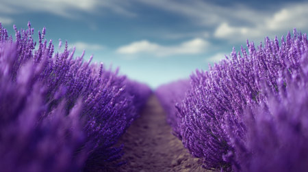 A stunning view of a lavender field stretching towards the horizon, exuding tranquility and beauty. Perfect for wellness, nature themes, and outdoor projects.の素材