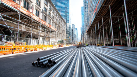 A dynamic construction site featuring scaffolding and steel pipes laid out on an urban street. Modern skyscrapers rise against a clear blue sky, showcasing urban development.の素材