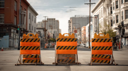 Three orange and black warning barriers block a city street, surrounded by urban architecture under a clear sky, highlighting construction and safety.の素材