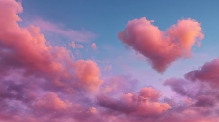 A stunning view of a heart-shaped cloud in a pastel sunset sky, blending pink and blue hues, evoking feelings of love, tranquility, and enchantment in nature.の素材