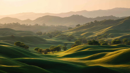 Lush green hills roll under soft golden light, creating a peaceful landscape filled with tranquility. A perfect escape into nature's serene embrace.の素材