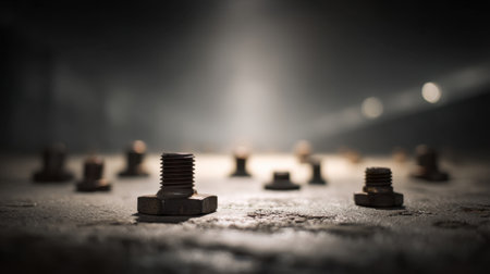Intricate close-up of metal bolts resting on an industrial surface, illuminated by dramatic lighting. Captures the essence of manufacturing and craftsmanship.の素材