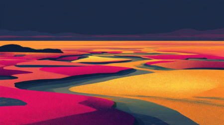 An abstract representation of a flowing river winding through a colorful terrain. The vibrant style showcases a mixture of warm and cool tones under a dark sky.の素材