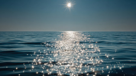 A tranquil ocean view showcasing sparkling sunlight reflecting on a calm water surface, creating a serene atmosphere perfect for relaxation and exploration.の素材