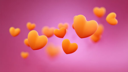 A captivating arrangement of floating orange hearts against a smooth gradient pink background, perfect for romantic themes, celebrations, and joyful expressions.の素材