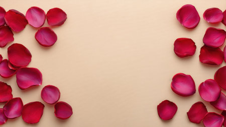 A stunning arrangement of vibrant red rose petals scattered artfully on a soft, neutral background, perfect for romantic themes, creative projects, and elegant designs.の素材