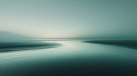 This tranquil image captures a smooth water surface with gentle ripples, enveloped in soft misty light, creating a serene and minimalist atmosphere.の素材