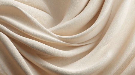This image showcases elegant beige silk fabric, featuring soft texture and beautiful drapery, perfect for use in fashion, interior design, or textile backgrounds.の素材