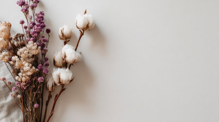 A tranquil arrangement of dried flowers and soft cotton stems on a neutral background, ideal for home decor inspiration, artistic displays, and rustic aesthetics.の素材