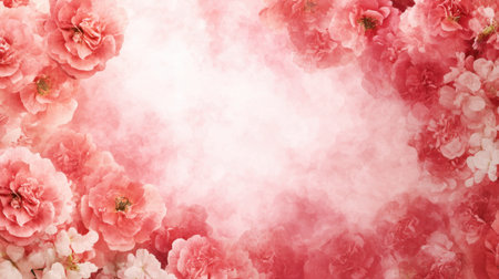 A beautiful arrangement of delicate pink flowers surrounds a soft blank space, perfect for creating designs, greeting cards, and wedding invitations with a romantic vibe.の素材