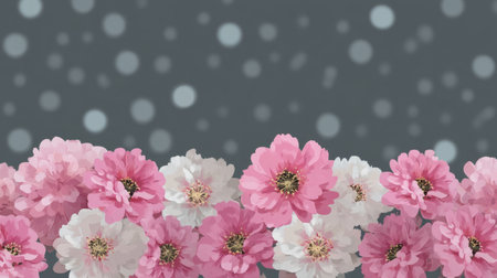 A beautiful arrangement of pink and white flowers creates a serene vibe against a gentle gray background with bokeh effects. Perfect for digital art enthusiasts.の素材