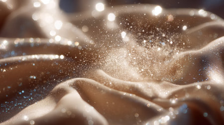 This image features a close-up of shimmering fabric adorned with fine particles of glitter, capturing reflections of light that create a dreamy, magical atmosphere.の素材