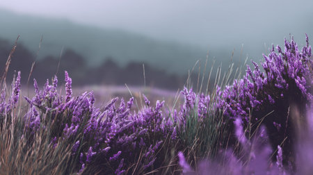 Enjoy the tranquil beauty of lavender fields at dawn with soft purple hues, gentle mist, and the warm light of morning, showcasing natureの素材