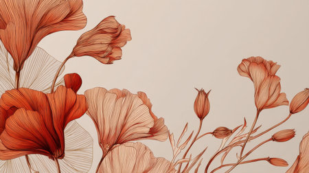 This exquisite floral illustration features intricate line work and warm color tones, creating an elegant representation of nature suitable for various decorative purposes.の素材