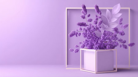 A stunning floral arrangement of purple flowers in a sleek square pot against a soft purple backdrop, perfect for adding elegance and tranquility to any contemporary space.の素材