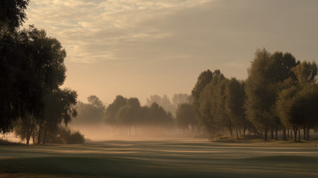 A tranquil morning landscape featuring mist hovering over green grass, framed by lush trees. Soft light creates a calming atmosphere perfect for nature lovers.の素材