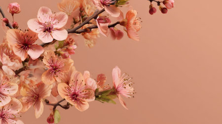 A beautiful close-up of pink cherry blossoms on a branch, illustrating the essence of spring with delicate petals set against a soft peach background. Perfect for floral designs.の素材