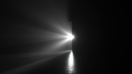 An open door reveals a stream of light breaking through the darkness, creating a serene atmosphere filled with hope and opportunities for exploration and discovery.の素材