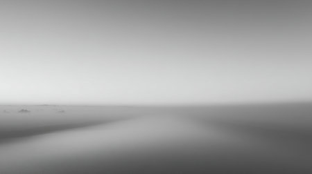 This serene grayscale landscape features an ethereal horizon and gentle waves, creating a tranquil atmosphere ideal for peaceful reflection and mindfulness.の素材