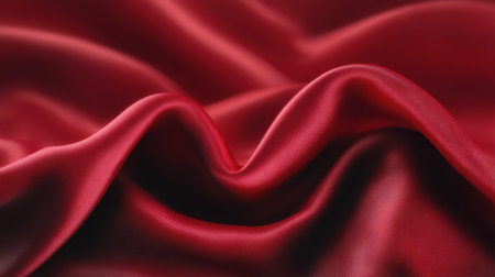 Captivating image of luxurious red silk fabric gracefully draped, highlighting its smooth texture and rich color. Ideal for fashion, textile, and elegant design projects.の素材