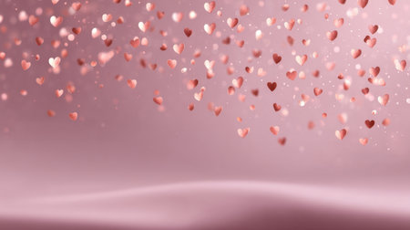 Romantic floating rose gold hearts create an enchanting atmosphere on a soft pink background, perfect for weddings, anniversaries, and love-themed celebrations.の素材