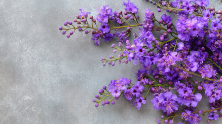 A stunning arrangement of vibrant purple flowers against a soft gray background, ideal for various design projects and beautiful decorative purposes.の素材