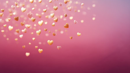 A mesmerizing display of floating golden hearts against a soft pink blurred background, perfect for conveying love, warmth, and celebration in various designs and projects.の素材