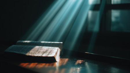 Soft light streams through a window, casting gentle rays onto an open Bible resting on a wooden table, inviting moments of quiet reflection and spiritual connection.の素材