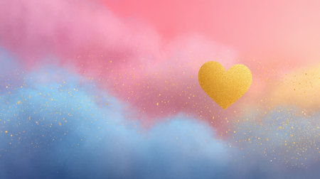A vibrant and dreamy image featuring a glittering golden heart floating above a soft, colorful background of pink and blue hues, evoking feelings of love and joy.の素材