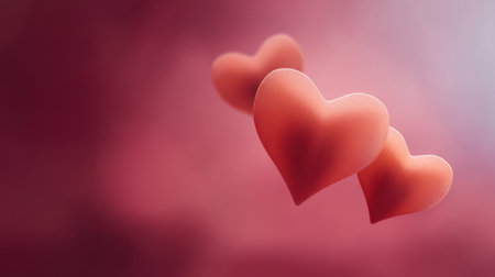 Soft and romantic hearts float gently in a dreamy pink and red background, capturing the essence of love, affection, and emotional connections beautifully.の素材
